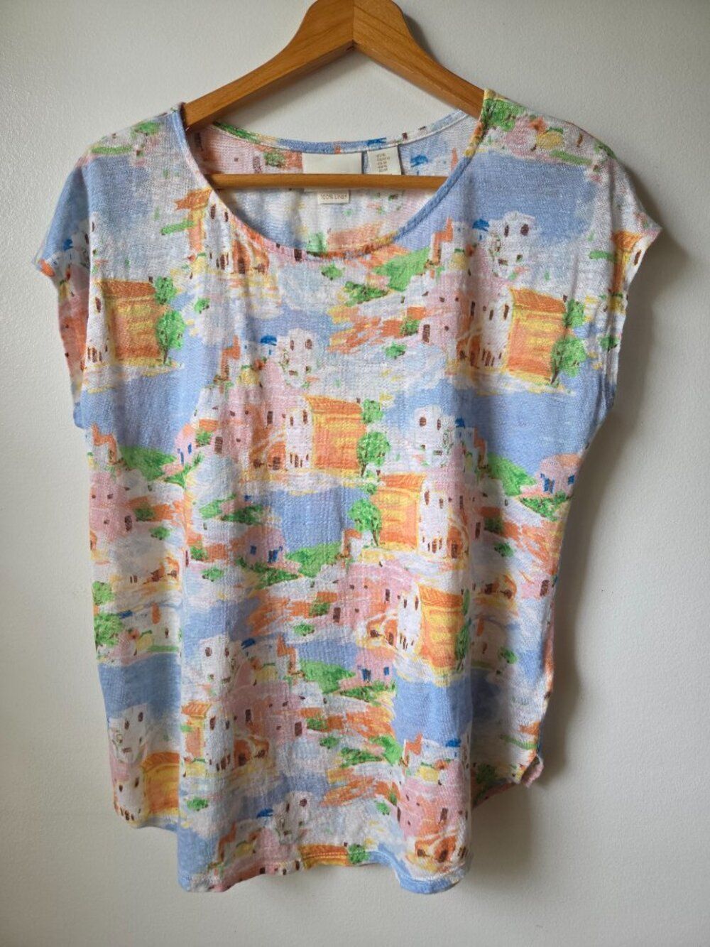 EUC CYNTHIA ROWLEY CUTE LINEN PRINTED TEE CAP SLEEVES SIZE M